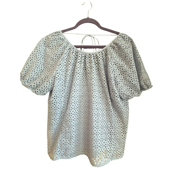 J.Crew V-Back Puff Sleeve Eyelet Blouse Size 12 Purple Short Sleeve Tie NWT - Picture 4 of 7